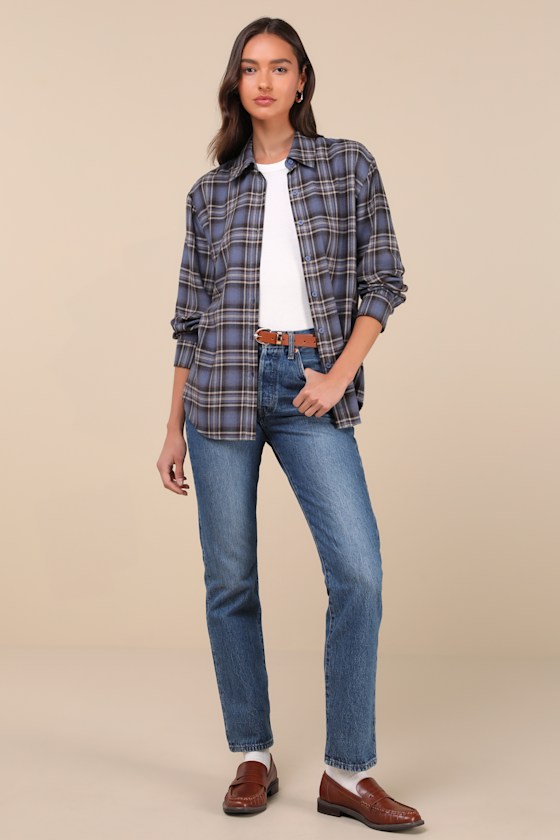 Lulus Seasonal Concept Blue Plaid Flannel Button-up Top In Blue