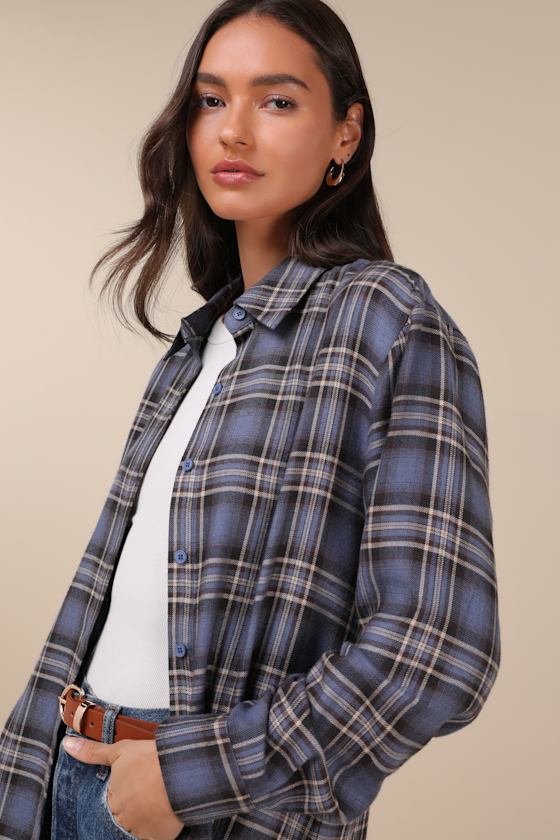 Lulus Seasonal Concept Blue Plaid Flannel Button-up Top In Blue