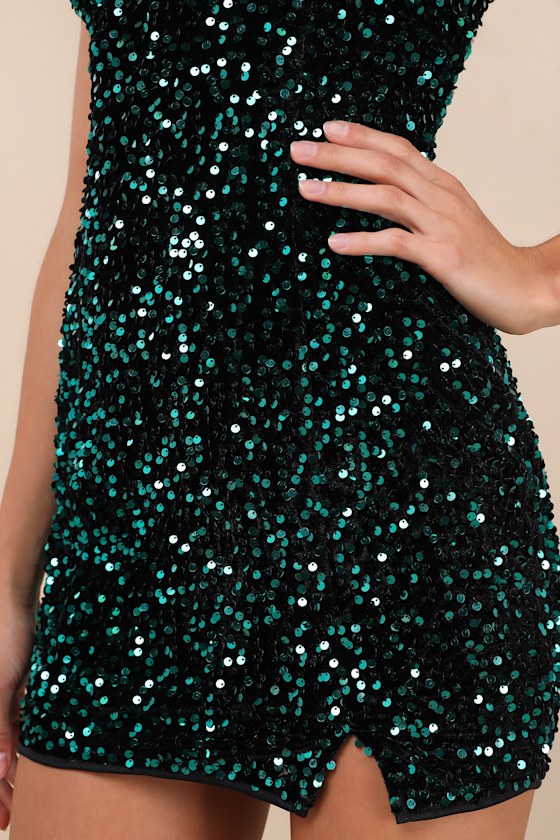 Lulus Seeing Sparkles Teal Velvet Sequin Square Neck Mini Dress In Teal