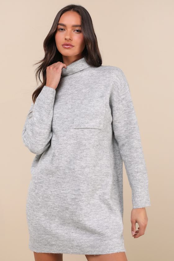 Heather Grey Dress - Mini Sweater Dress - Turtleneck Shift