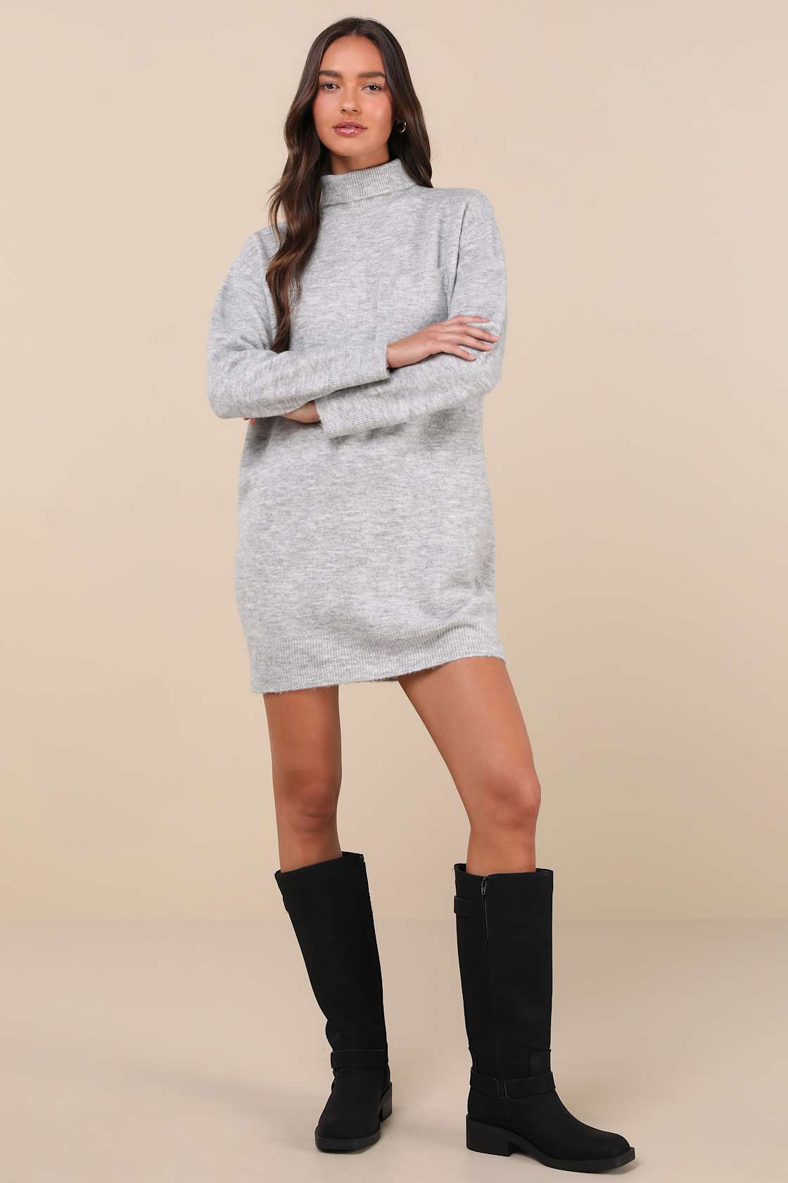 Positively Charming Heather Grey Turtleneck Mini Sweater Dress