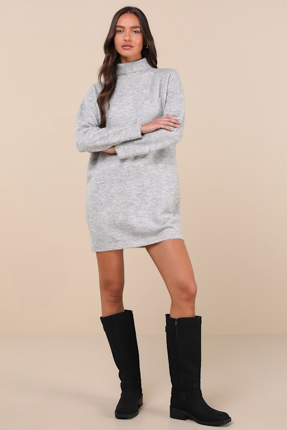 Heather Grey Dress - Mini Sweater Dress - Turtleneck Shift Dress - Lulus