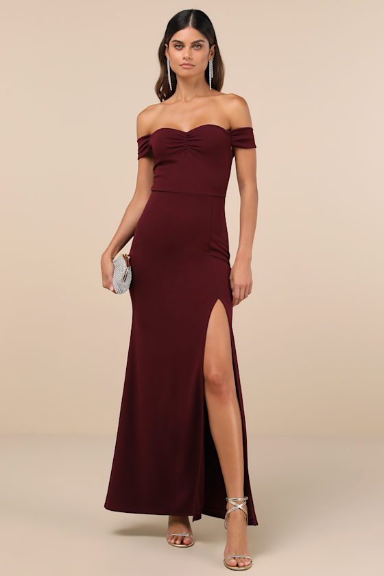 Wine Red Maxi Dress - Ruched OTS Dress - Mermaid Maxi Dress