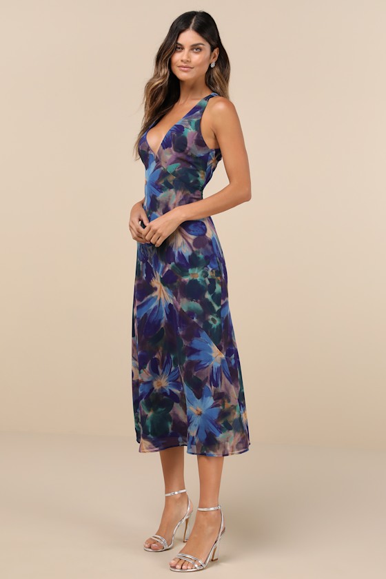 Lulus Delight In Elegance Blue Multi Floral Halter Cutout Midi Dress In Blue
