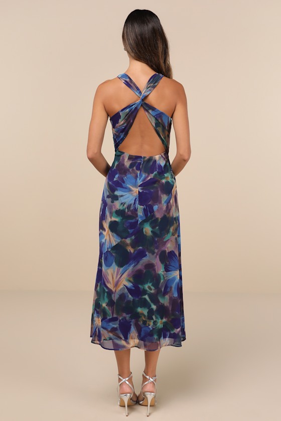 Lulus Delight In Elegance Blue Multi Floral Halter Cutout Midi Dress In Blue