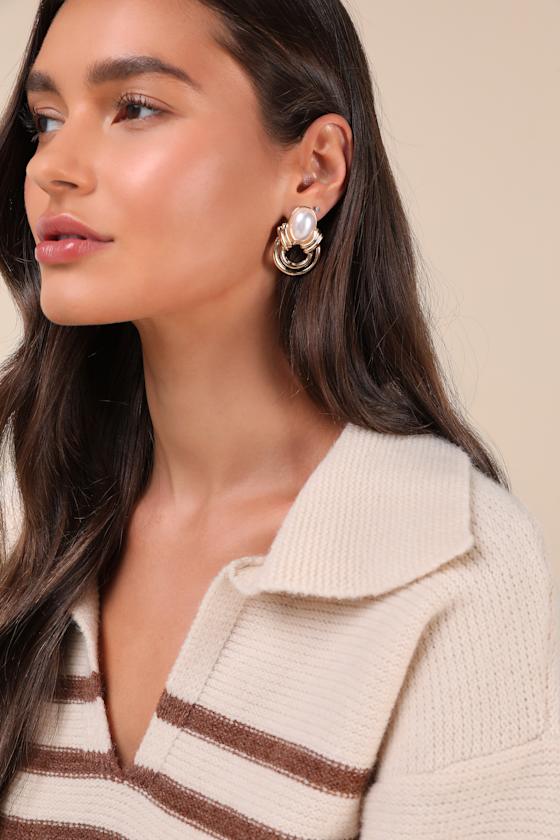 Special Essence Gold Pearl Abstract Statement Earrings 1