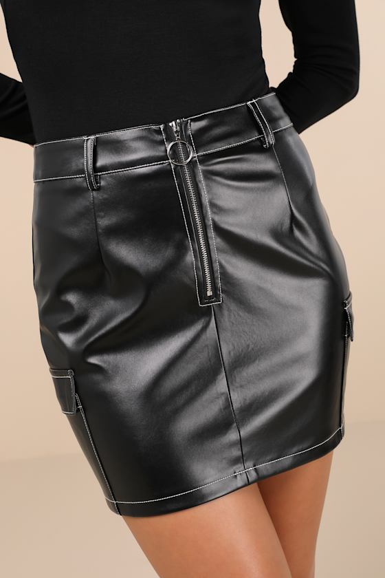 Utterly Edgy Black Patent Vegan Leather Cargo Mini Skirt 4