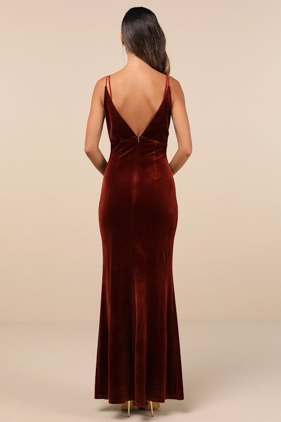 Immensely Glam Rust Red Velvet Backless Maxi Dress 1