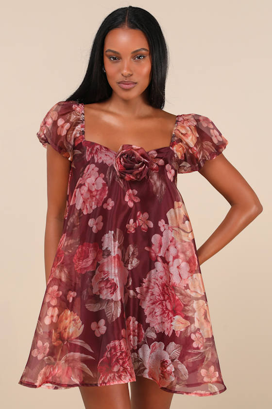 Cute Flair Wine Red Floral Organza Puff Sleeve Shift Mini Dress 2