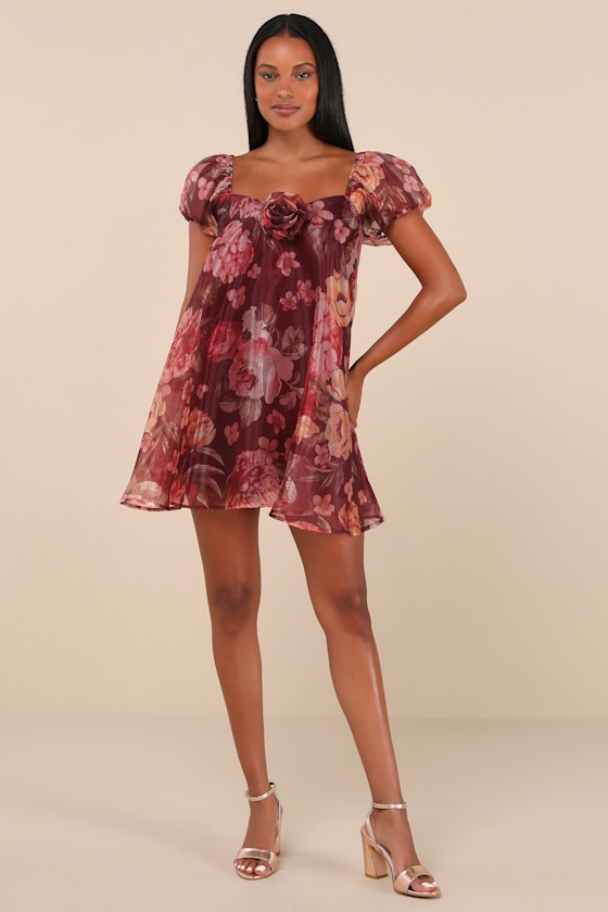 Cute Flair Wine Red Floral Organza Puff Sleeve Shift Mini Dress 4