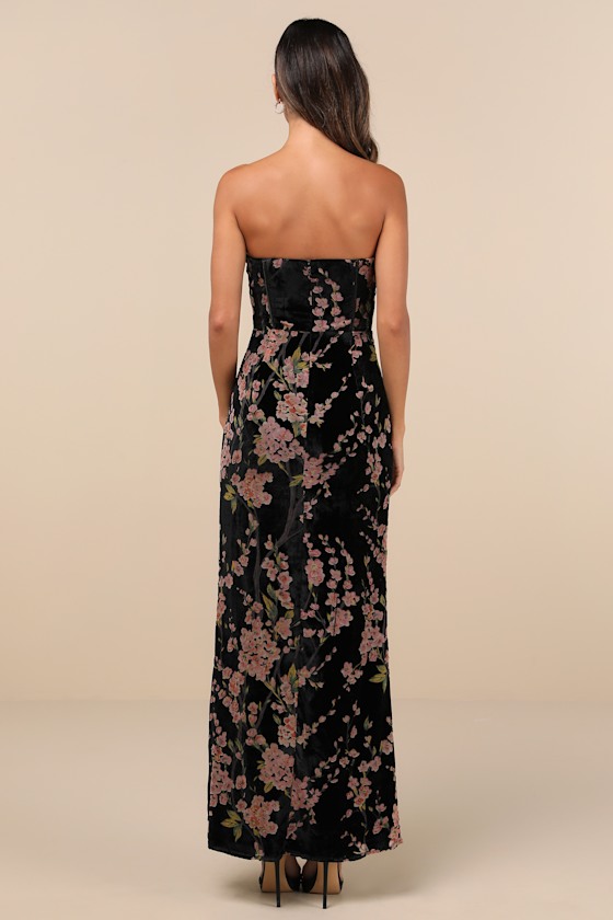 Luxurious Allure Black Burnout Velvet Strapless Maxi Dress 3