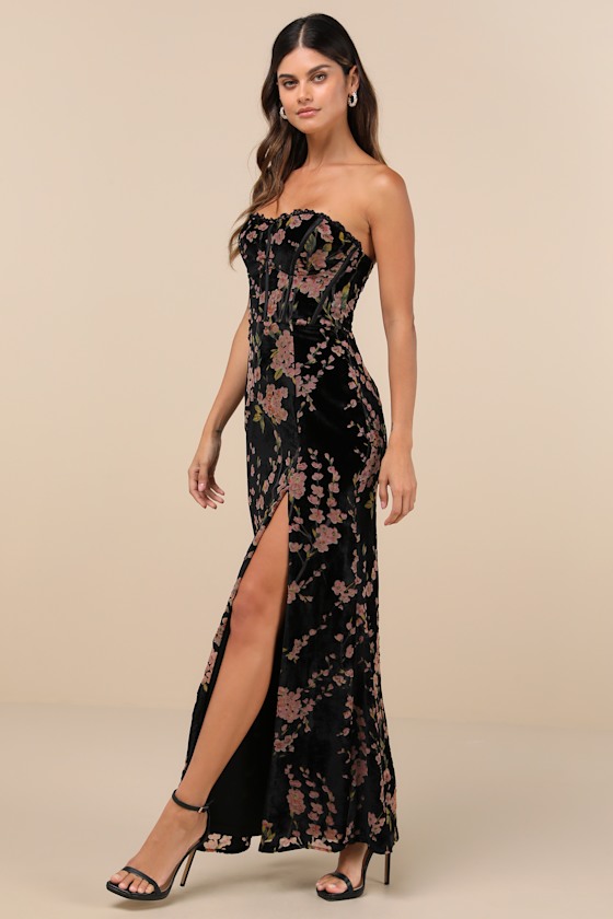 Lulus Luxurious Allure Black Burnout Velvet Strapless Maxi Dress In Black