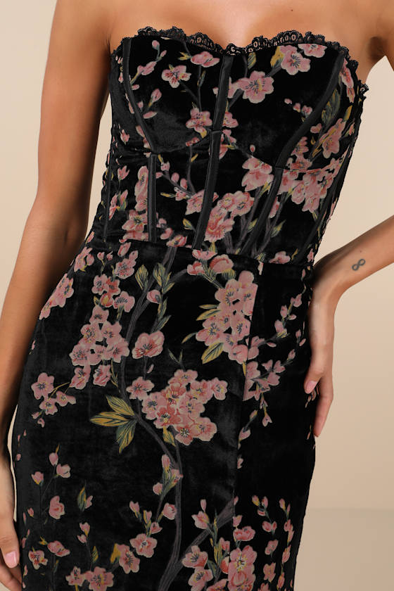 Lulus Luxurious Allure Black Burnout Velvet Strapless Maxi Dress In Black