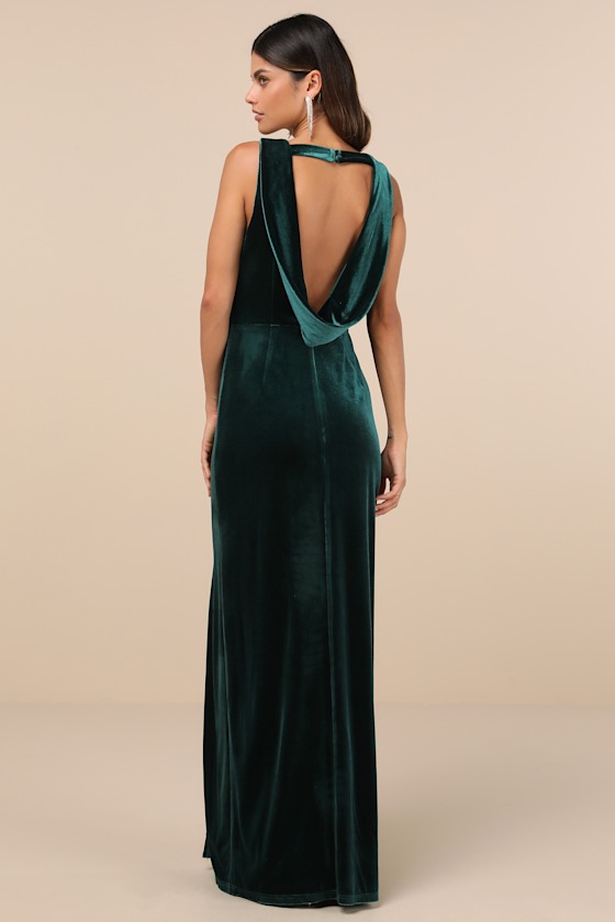 Lulus Enhanced Aura Emerald Green Velvet Cowl-back Maxi Dress In Emerald Green