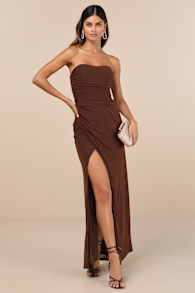 Epitome of Allure Brown Mesh Strapless Ruched Tulip Maxi Dress 2