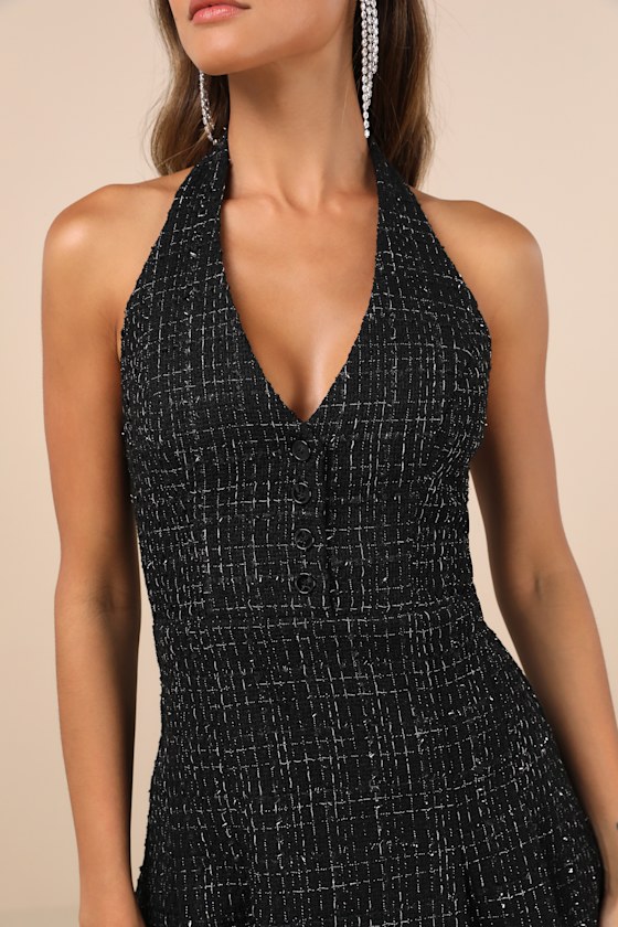 Lulus Upscale Confidence Black Tweed Lurex Pleated Halter Mini Dress In Black