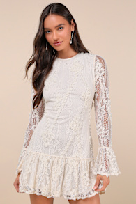 Darling Era Ivory Lace Applique Long Sleeve Ruffled Mini Dress 3
