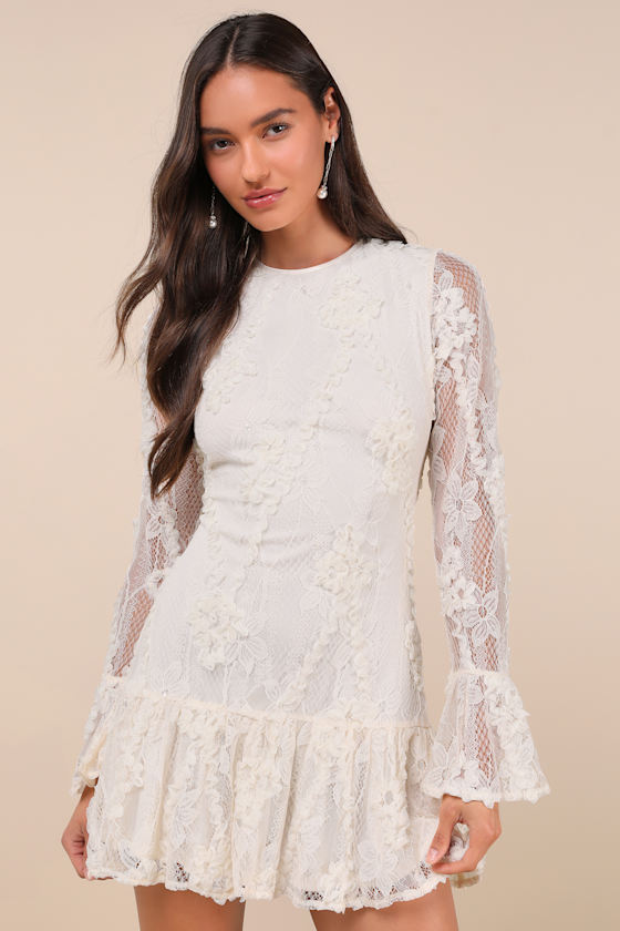 Darling Era Ivory Lace Applique Long Sleeve Ruffled Mini Dress 3