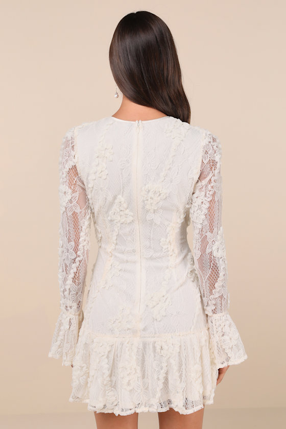 Ivory Lace Dress - Long Sleeve Dress - Ruffled Lace Mini