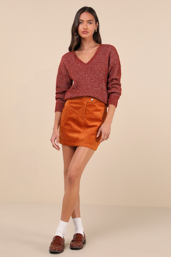 Lulus Perfected Cuteness Rust Orange Corduroy High-rise Mini Skirt In Rust Orange