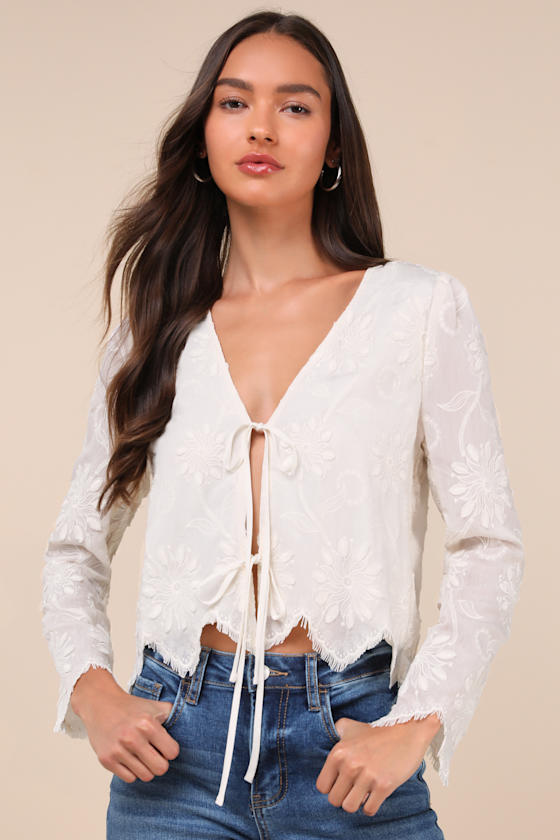 Lulus Vintage Aesthetic Ivory Embroidered Tie-front Long Sleeve Top In Ivory