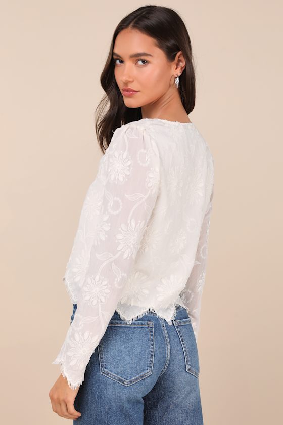 Lulus Vintage Aesthetic Ivory Embroidered Tie-front Long Sleeve Top In Ivory