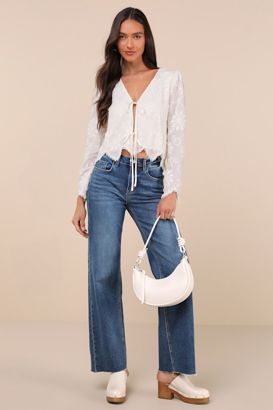 Lulus Vintage Aesthetic Ivory Embroidered Tie-front Long Sleeve Top In Ivory