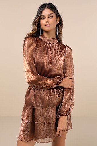 Ideal Behavior Bronze Metallic Backless Tiered Mini Dress 1