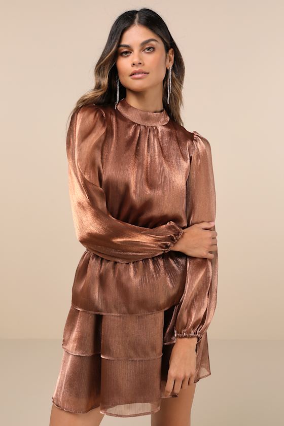 Ideal Behavior Bronze Metallic Backless Tiered Mini Dress 1