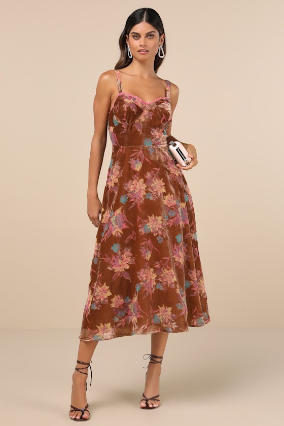 Lulus Coveted Grace Brown Velvet Burnout Bustier Midi Dress In Brown