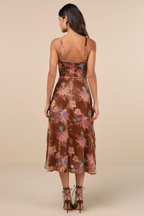 Lulus Coveted Grace Brown Velvet Burnout Bustier Midi Dress In Brown