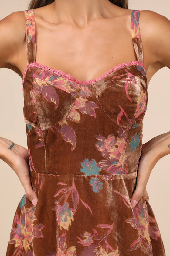 Lulus Coveted Grace Brown Velvet Burnout Bustier Midi Dress In Brown