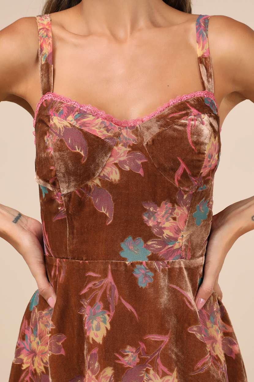 Coveted Grace Brown Velvet Burnout Bustier Midi Dress Coveted Grace Brown Velvet Burnout Bustier Midi Dress