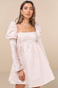 Lavish Sweetie Blush Jacquard Puff Shoulder Babydoll Mini Dress 3