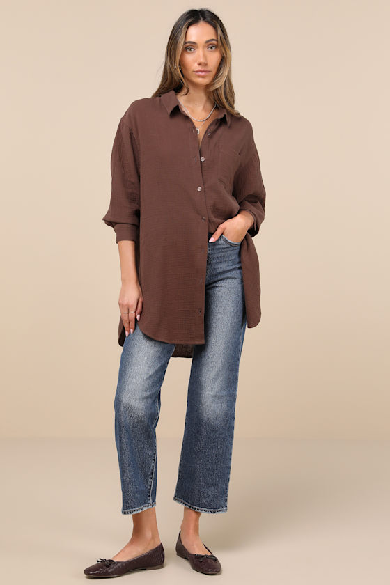LULUS EASY TO SEE DARK BROWN OVERSIZED BUTTON-UP TOP