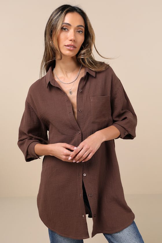 LULUS EASY TO SEE DARK BROWN OVERSIZED BUTTON-UP TOP