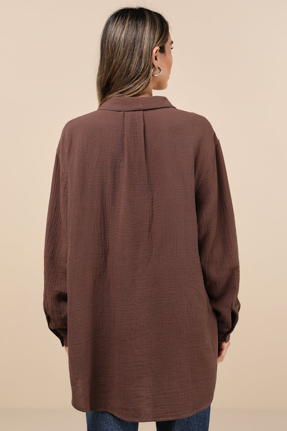 LULUS EASY TO SEE DARK BROWN OVERSIZED BUTTON-UP TOP