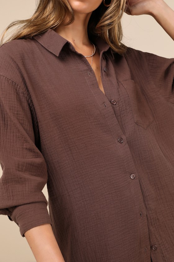 LULUS EASY TO SEE DARK BROWN OVERSIZED BUTTON-UP TOP