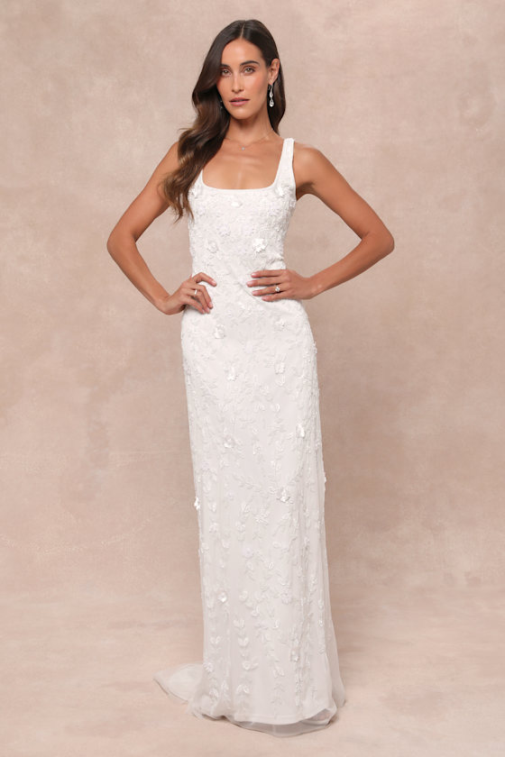 Lulus Extraordinary Glamour White 3d Floral Beaded Backless Maxi Dress In White