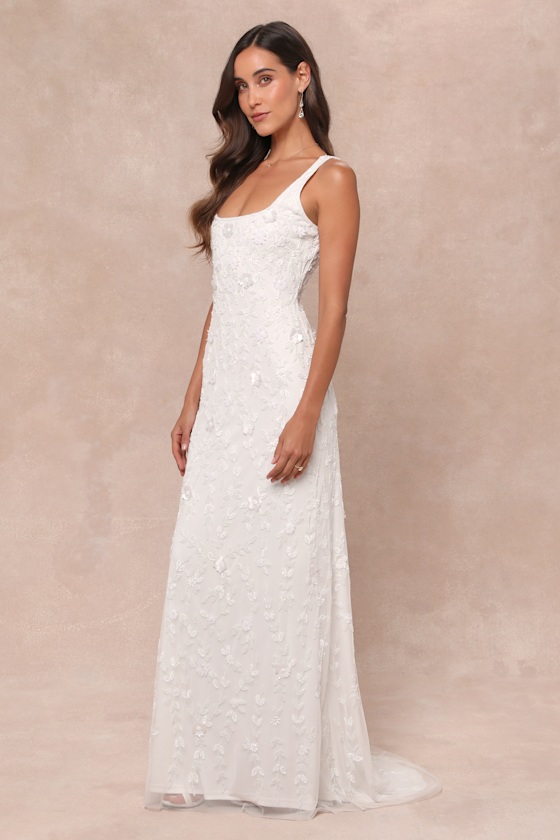 Lulus Extraordinary Glamour White 3d Floral Beaded Backless Maxi Dress In White