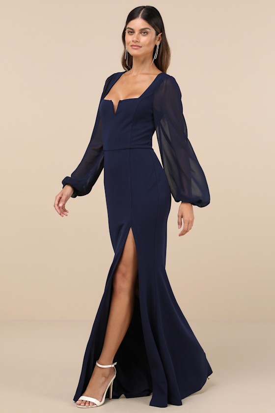 Lulus Composed Elegance Navy Balloon Sleeve Mermaid Maxi Dress