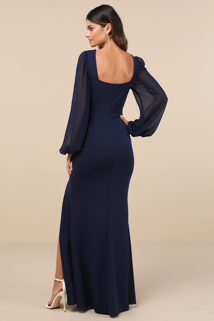 Composed Elegance Navy Balloon Sleeve Mermaid Maxi Dress
