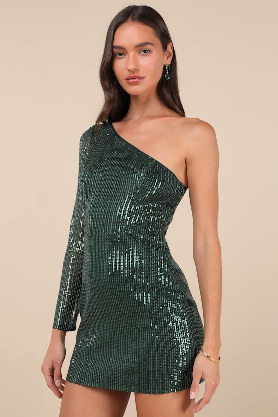 Lulus All Time Shine Emerald Sequin One-shoulder Mini Dress In Green