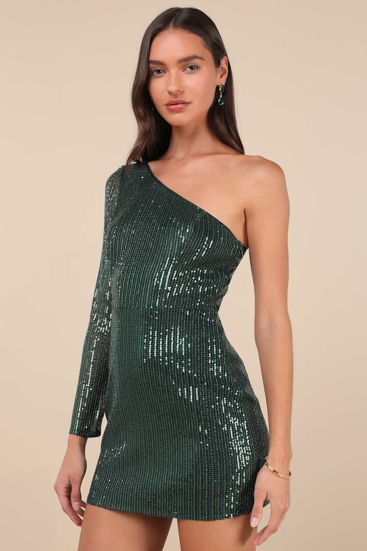 Emerald Sequin Dress - Sequin Mini Dress - One-Shoulder Dress - Lulus