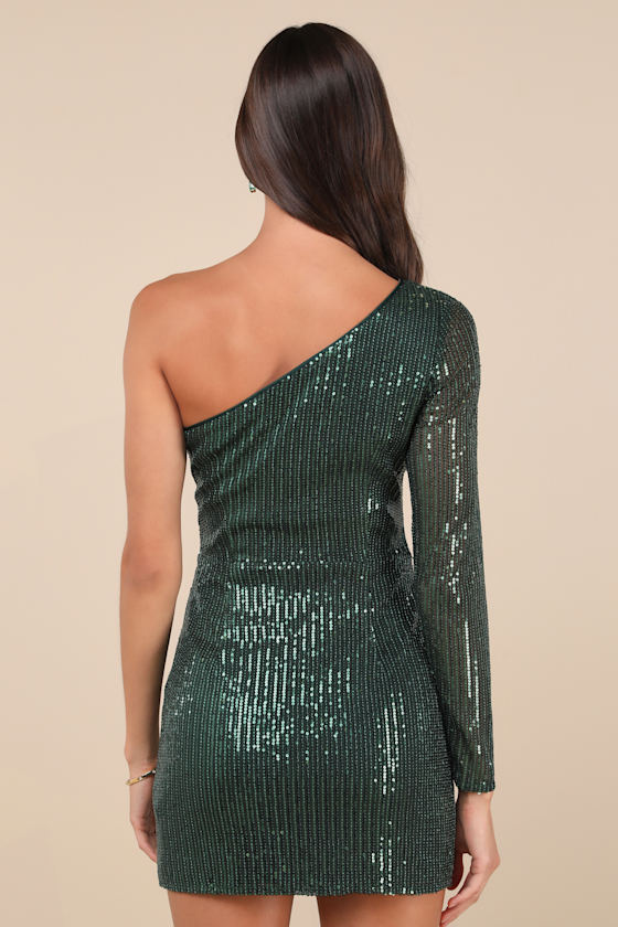 Lulus All Time Shine Emerald Sequin One-shoulder Mini Dress In Green