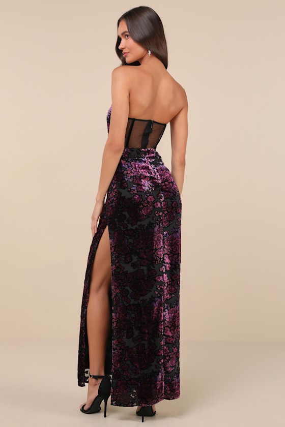 Lulus Breathtaking View Black Mesh Burnout Velvet Strapless Maxi Dress In Black