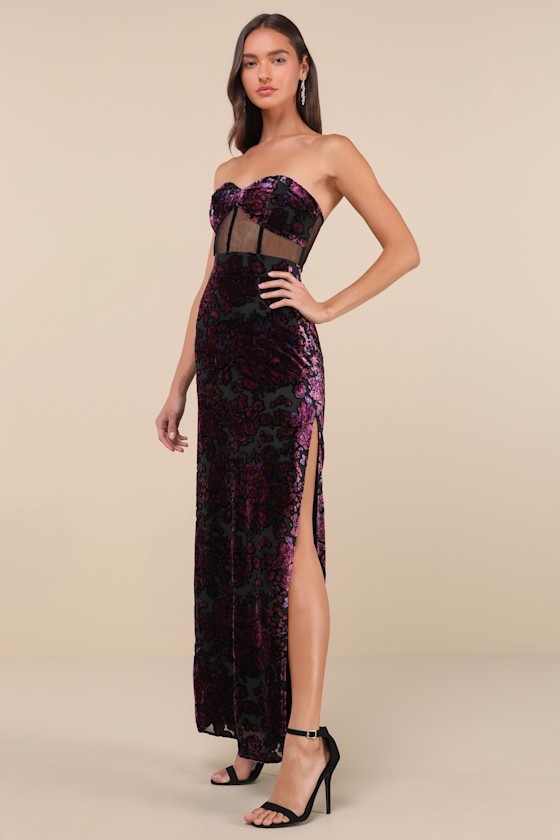Lulus Breathtaking View Black Mesh Burnout Velvet Strapless Maxi Dress In Black