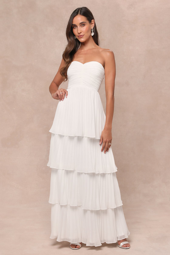 Lulus Seriously Sensational White Strapless Tiered Maxi Dress In White