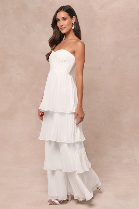 Lulus Seriously Sensational White Strapless Tiered Maxi Dress In White