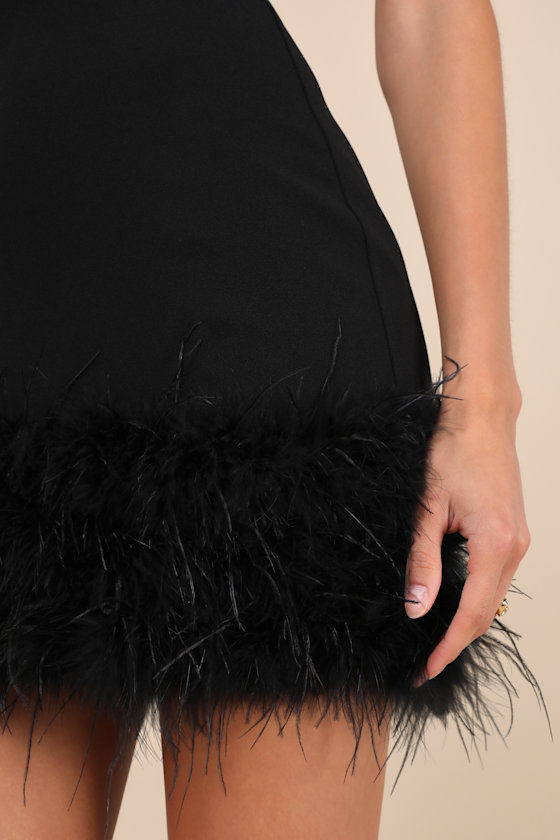 Lulus Fabulous Delight Black Strapless Bustier Feather Mini Dress In Black